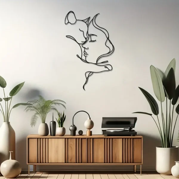 Elegant Cat and Woman Metal Wall Art - Minimalist Black Silhouette, Ideal for Cat Lovers & Sophisticated Home Décor - Image 2